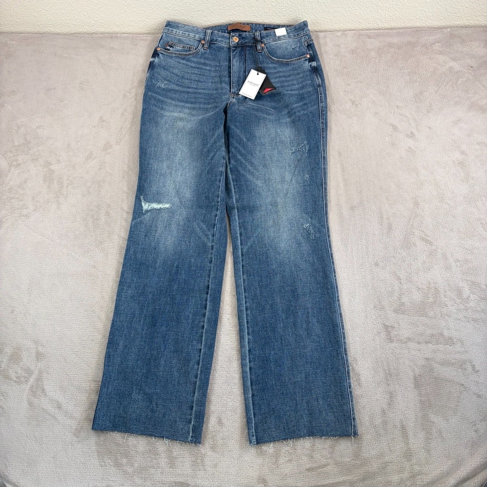 Judy Blue High Waist Wide Straight Leg Jeans‎ Blue Wash Women 14W Tummy Control